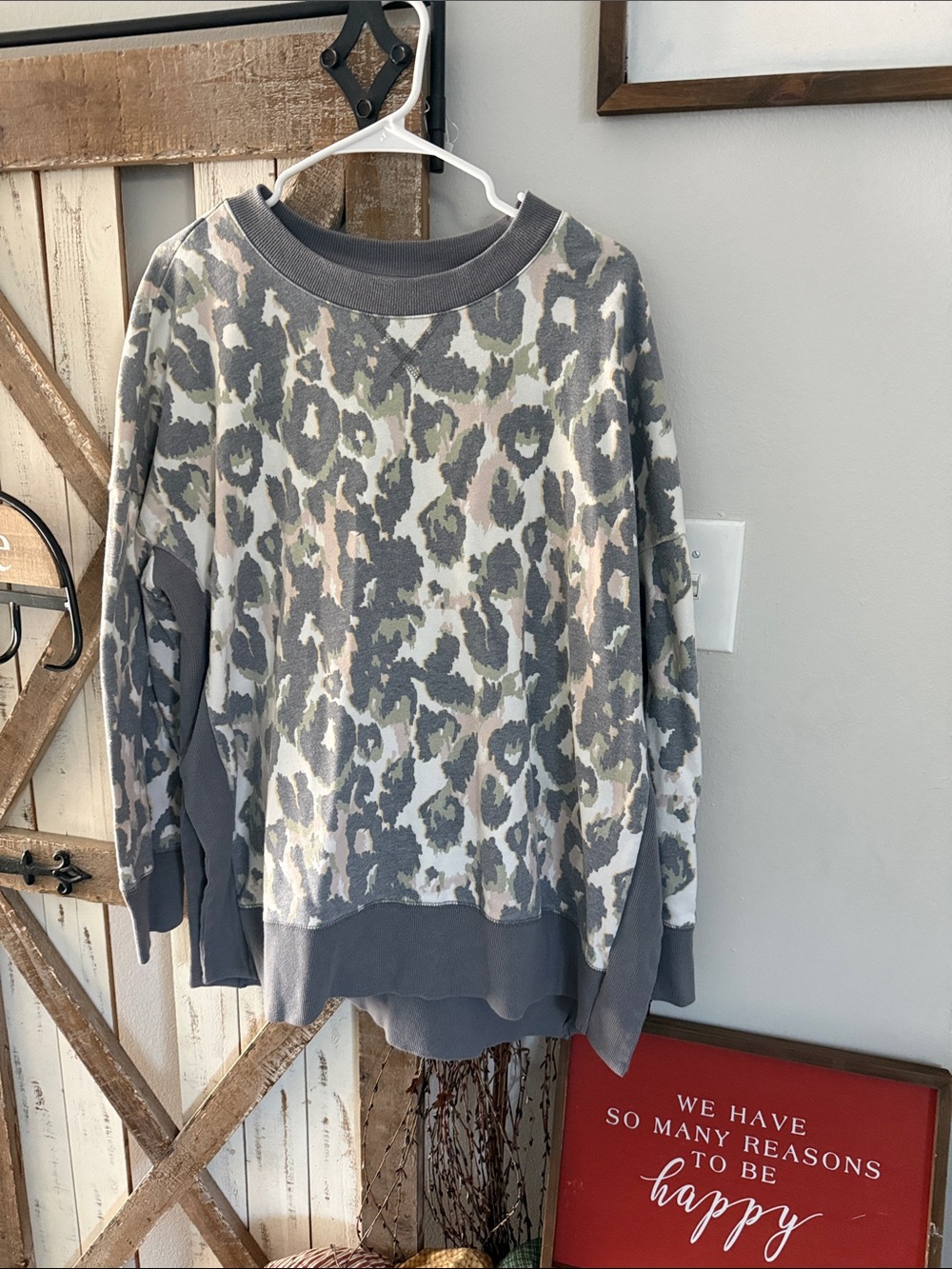 BKE Gray Camo Leopard Print Pullover Sweatshirt